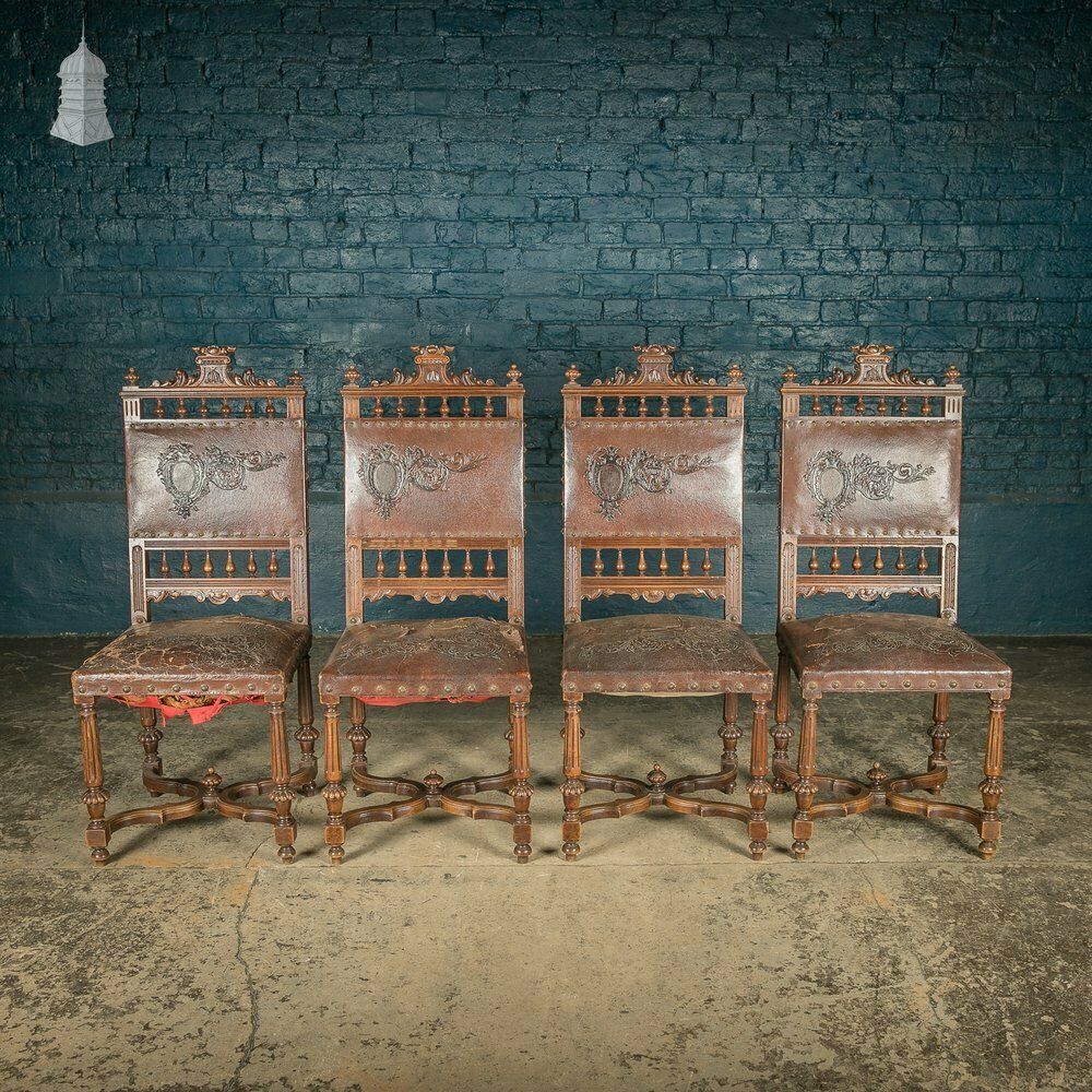 Carved Oak Chairs, 19th C With Embossed Studded Leather Seats, Set Of 4 photo furniture