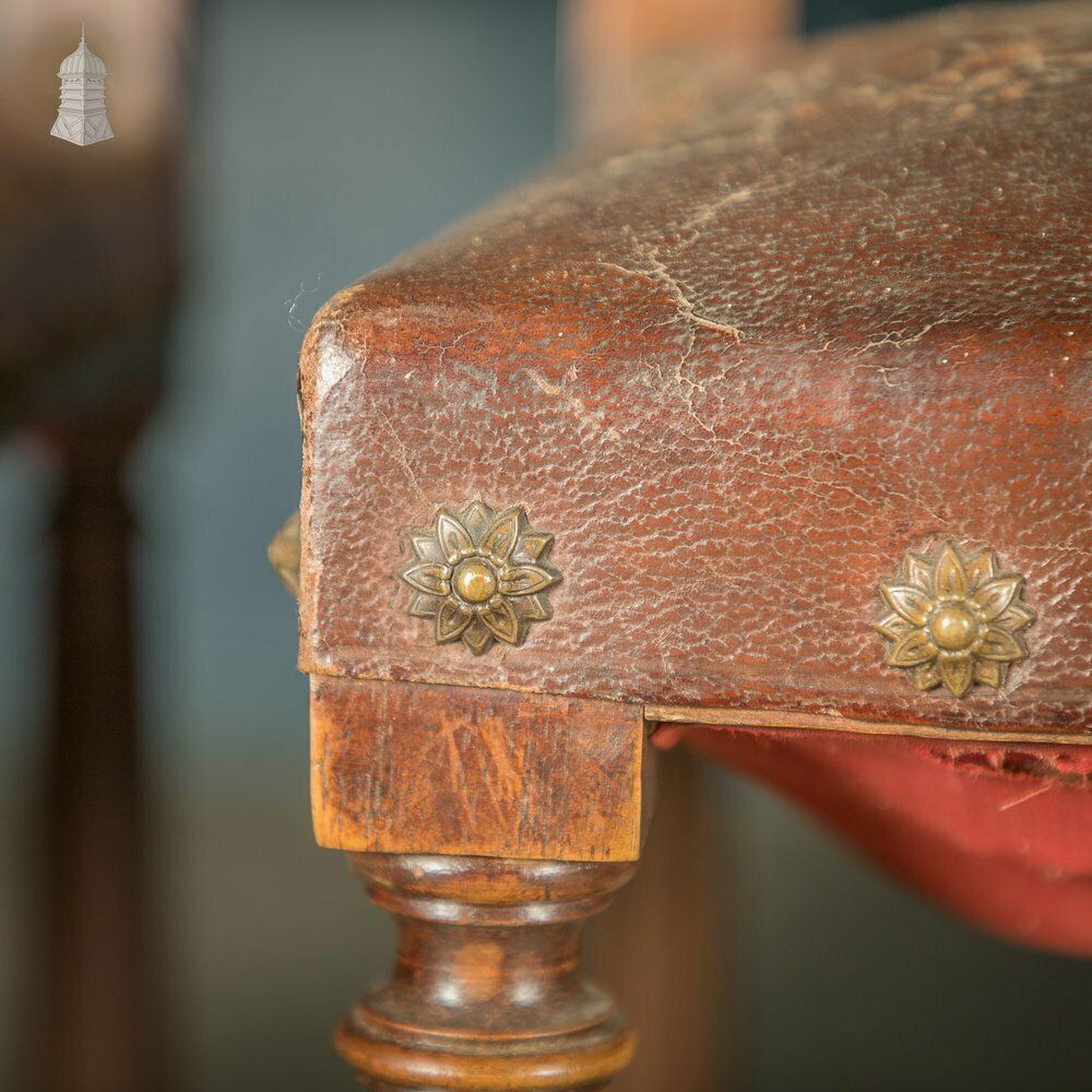 Carved Oak Chairs, 19th C With Embossed Studded Leather Seats, Set Of 4 photo vintage
