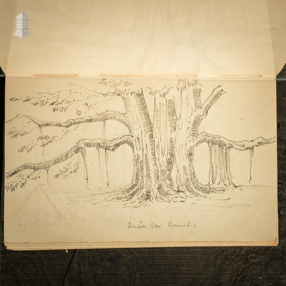 Home Decor Small 19th C Red Leather Bound Journal Documenting A Hunting Trip To India With Hand Drawn Sketches photo