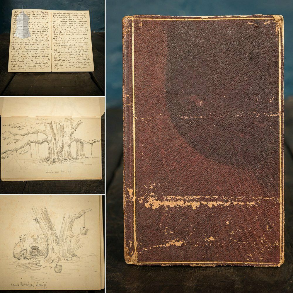 Small 19th C Red Leather Bound Journal Documenting A Hunting Trip To India With Hand Drawn Sketches