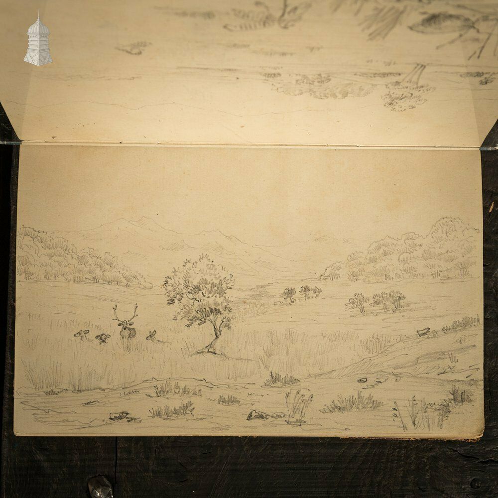 photo vintage Small 19th C Red Leather Bound Journal Documenting A Hunting Trip To India With Hand Drawn Sketches