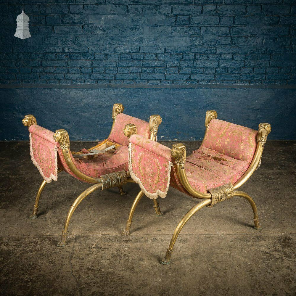 Pair Of Vintage Brass Lion Head And Paw Detail X Frame Stools For Upholstery
