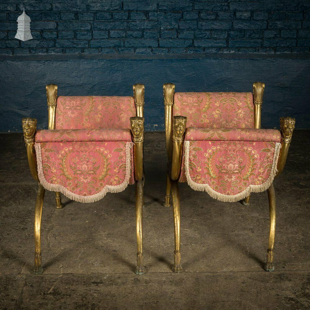 Pair Of Vintage Brass Lion Head And Paw Detail X Frame Stools For Upholstery photo vintage
