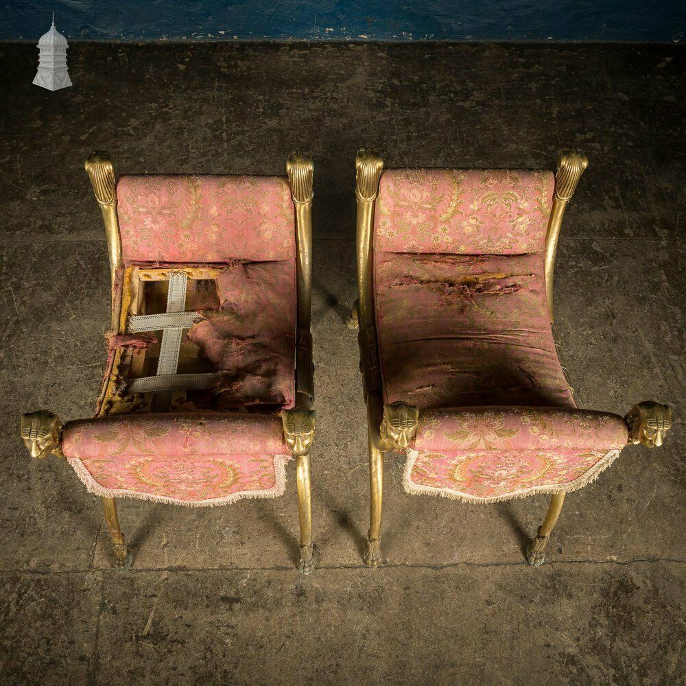 photo for sale Pair Of Vintage Brass Lion Head And Paw Detail X Frame Stools For Upholstery
