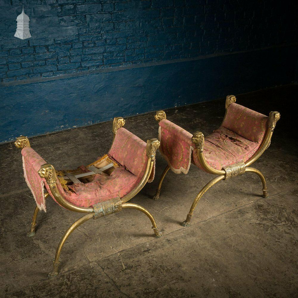 photo buy Pair Of Vintage Brass Lion Head And Paw Detail X Frame Stools For Upholstery