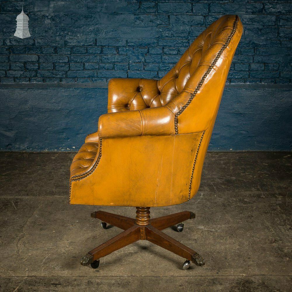 Edwardian Brown Button Back Leather Swivel Chair With Later Castors photo Furniture