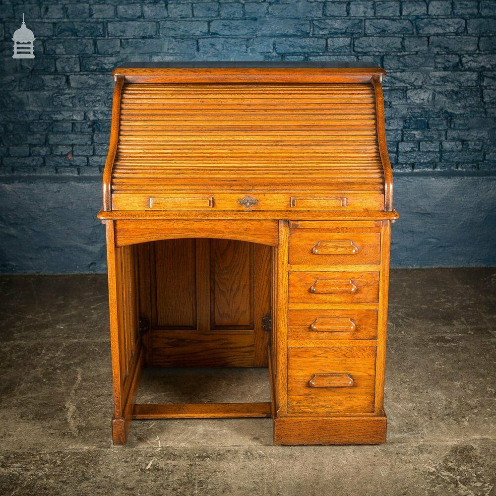 Edwardian Oak Tambour Front Roll Top Lebus Desk photo for sale