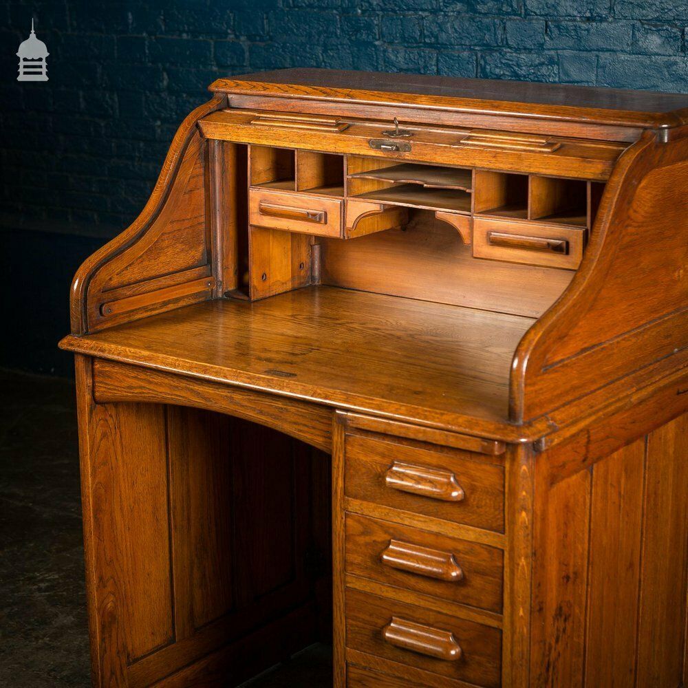 Edwardian Oak Tambour Front Roll Top Lebus Desk photo 1890.0