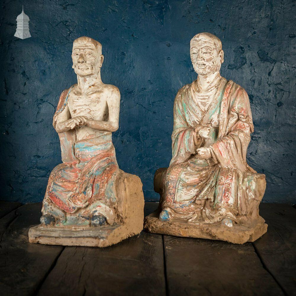 photo buy A Pair Of Chinese Early Ming Dynasty Luohans, Remnants Of Blue, Red And White Pigment Height 50cm