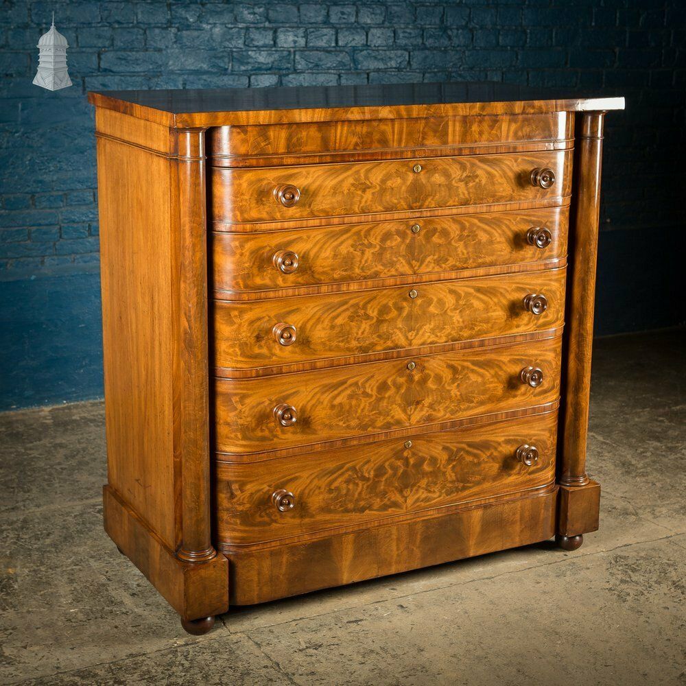Impressive 19th C Bow Fronted Flanked Column Mahogany Chest Of Drawers photo Furniture