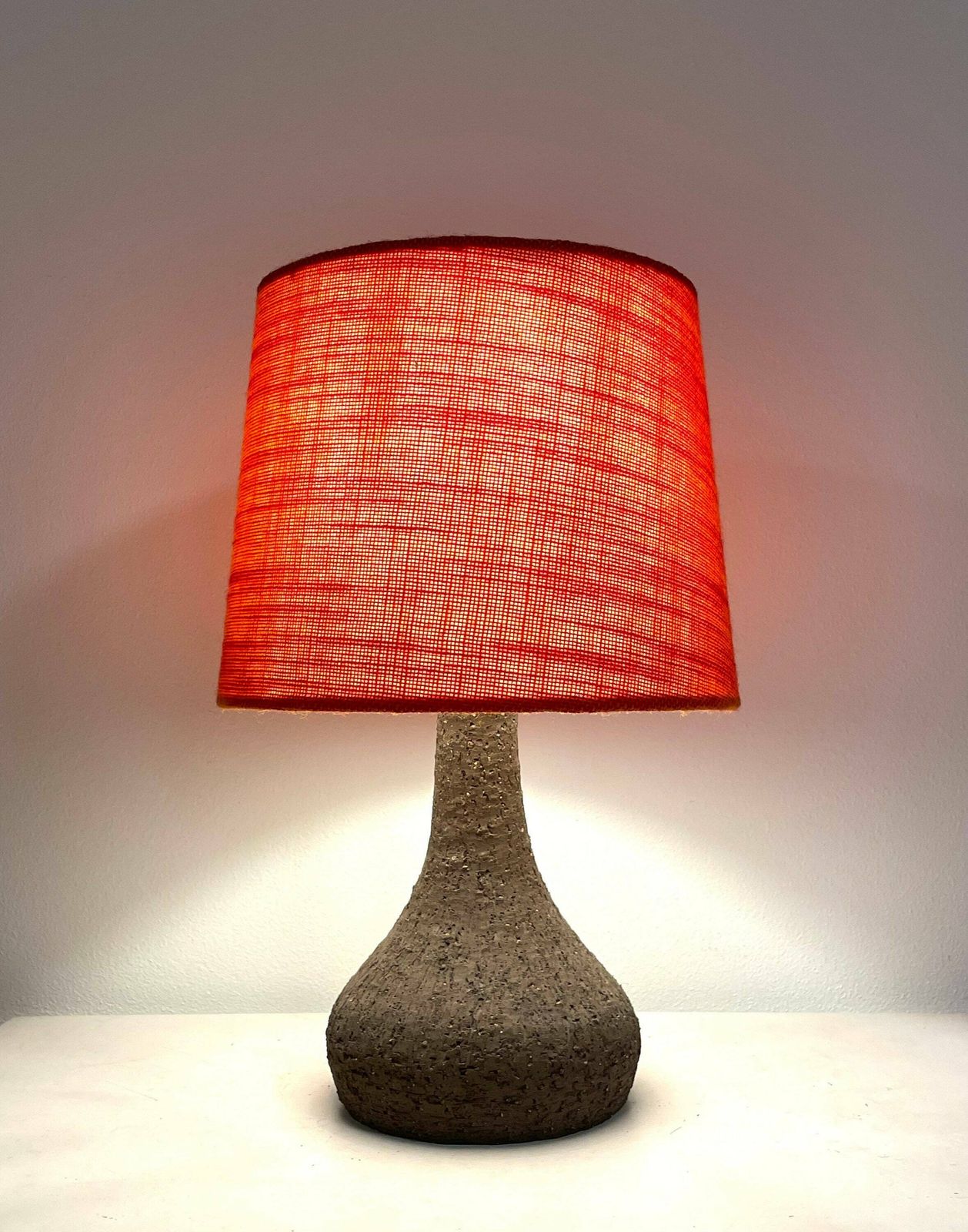 Danish Mid Century Vintage Design Ceramic Table Lamp In Organic Shape With Raw Clay And Beautiful Orange Fabric Drum Shade photo furniture