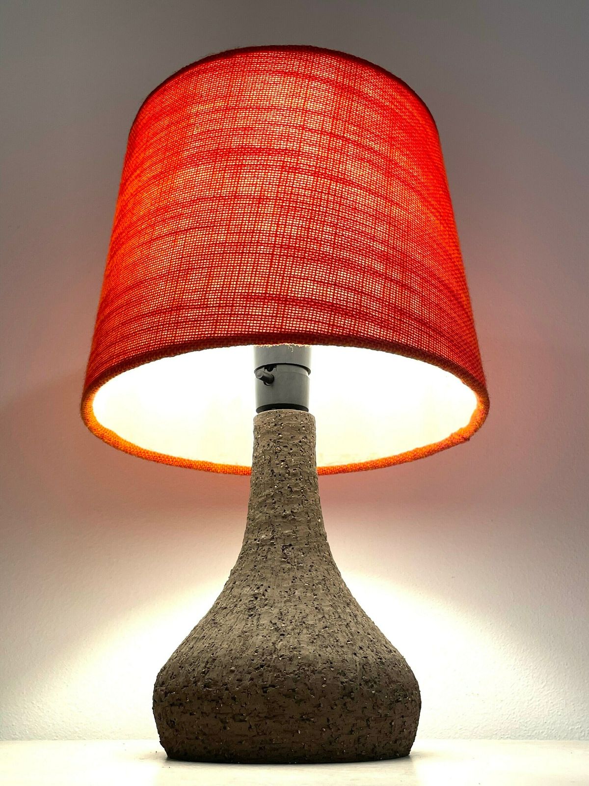 Danish Mid Century Vintage Design Ceramic Table Lamp In Organic Shape With Raw Clay And Beautiful Orange Fabric Drum Shade photo 216.0