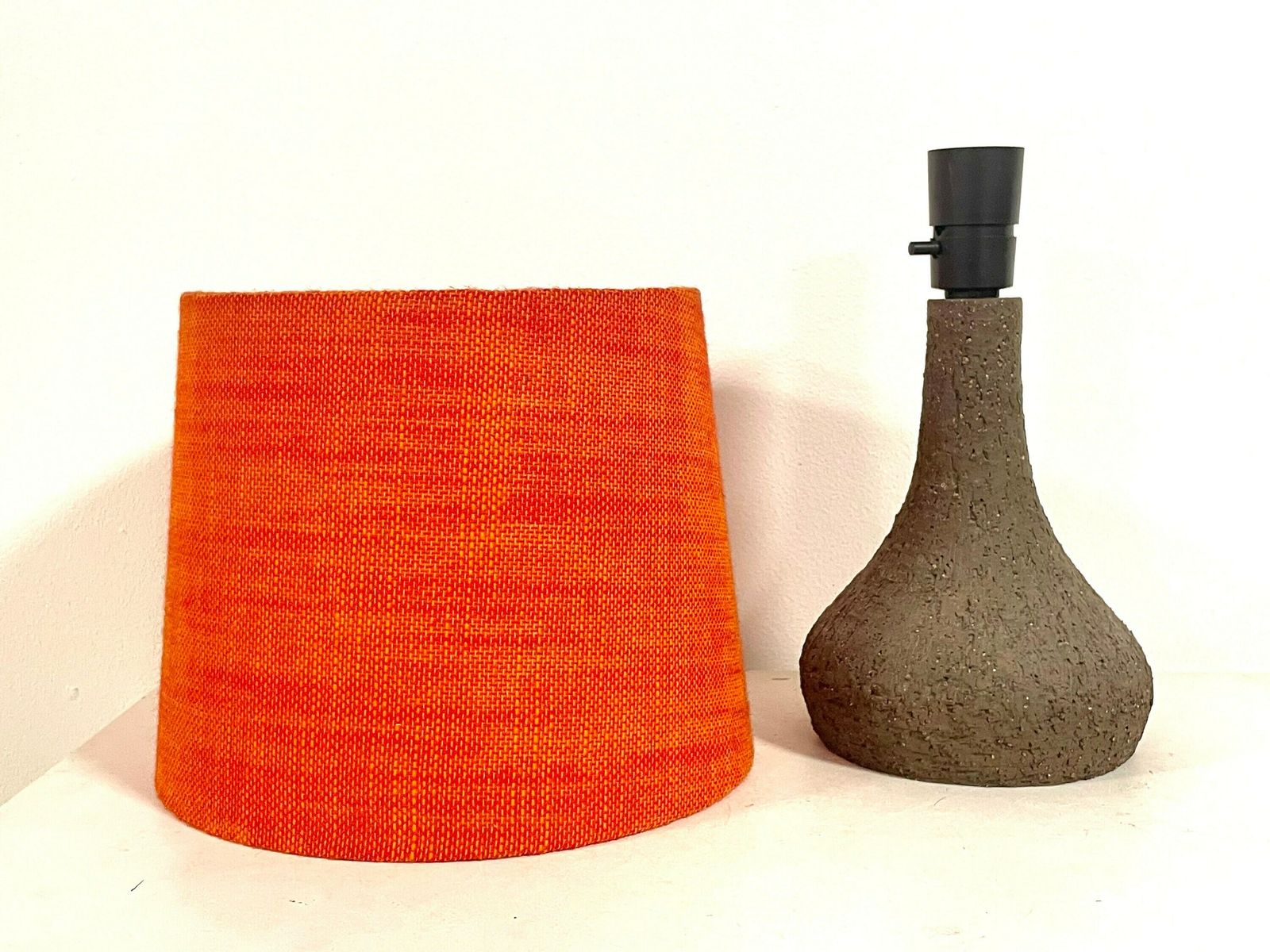 Danish Mid Century Vintage Design Ceramic Table Lamp In Organic Shape With Raw Clay And Beautiful Orange Fabric Drum Shade photo vintage