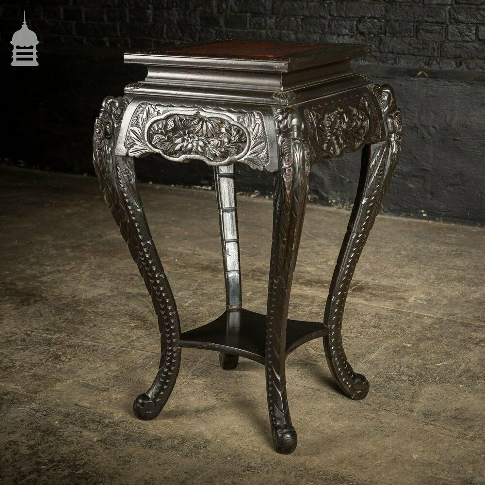 Dark Finish Anglo Indian Jardinière Stand With Leather Top photo vinterior