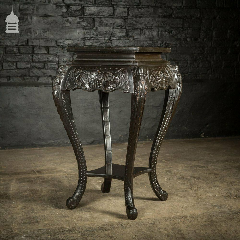 photo vintage Dark Finish Anglo Indian Jardinière Stand With Leather Top