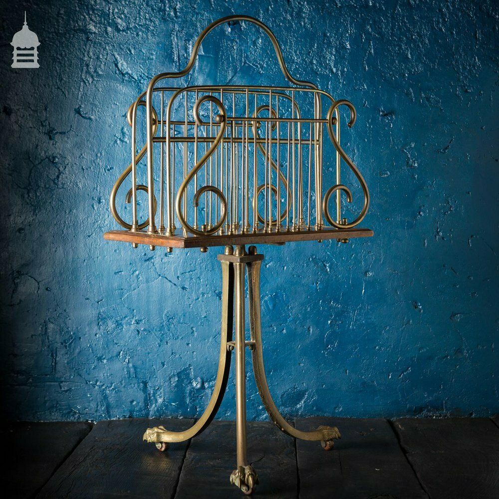 photo buy 19th C Brass And Oak Swivel Sheet Music Or Record Rack With Claw Feet, Ceramic Castor’s And Treble Clef Design