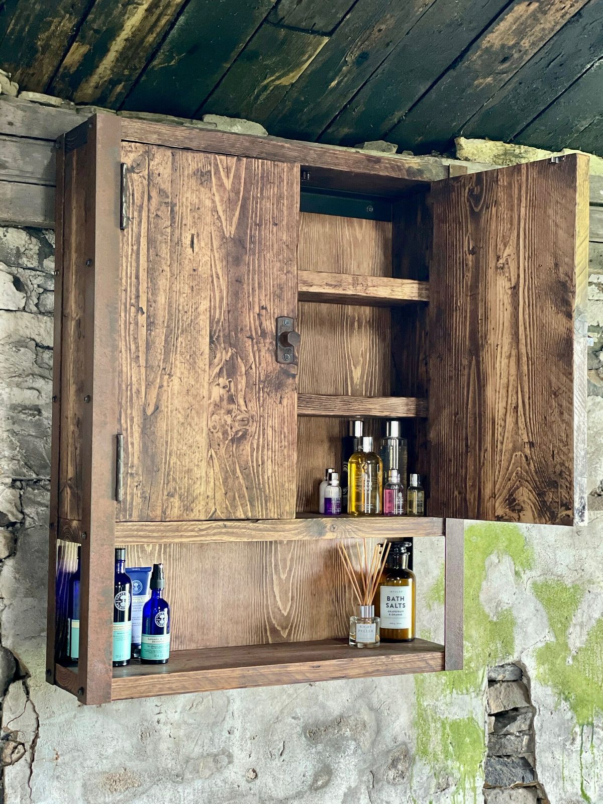 Harvey Industrial Reclaimed Scaffolding Board Shallow Wall Cupboard / Bathroom Cabinet With Rusty Angle Iron Sides