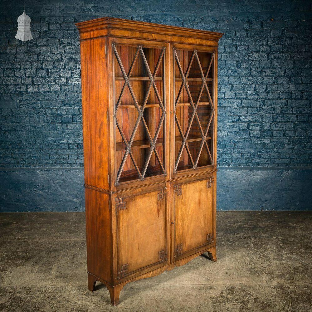 photo vinterior Circa 1890 Small Scale Glazed Bookcase By Bartholomew & Fletcher With Diamond Banded Glass & Reeded Detail