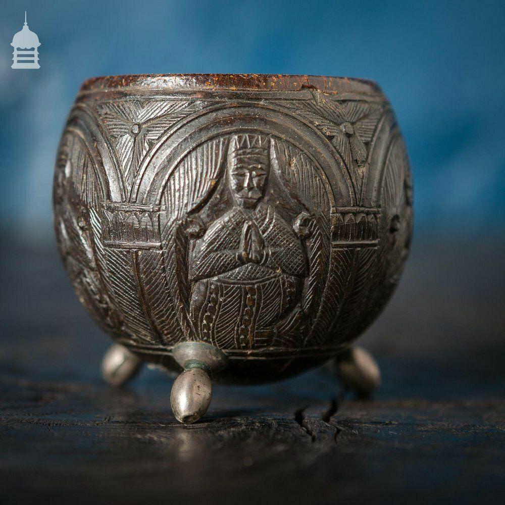 Pair Of Antique South East Asian Carved Coconut Cups On Silver Feet photo vinterior