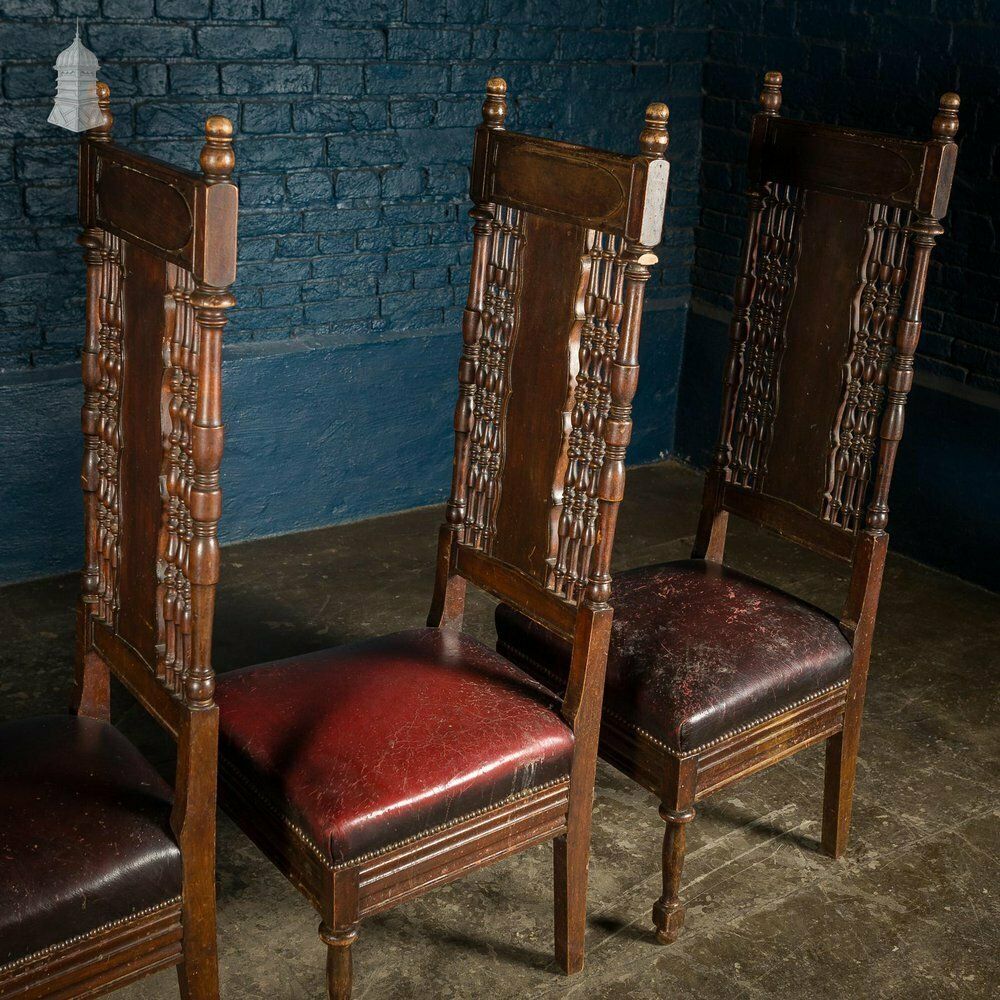 photo furniture Set Of 6 19th C French Tall Back Dining Chairs With Worn Leather Seat Pads
