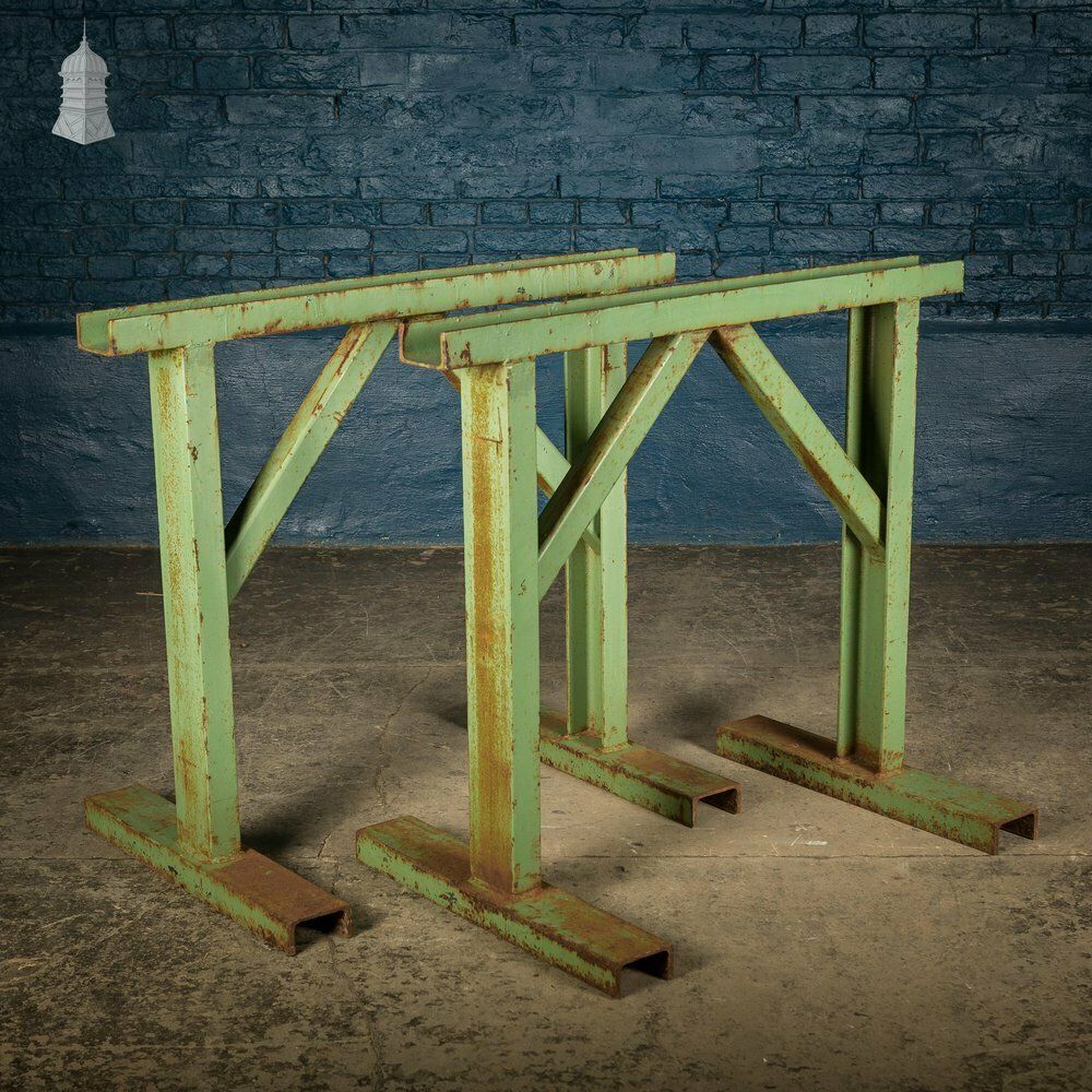 Pair Of Large Green Painted Heavy Duty Steel Industrial Workshop Trestles
