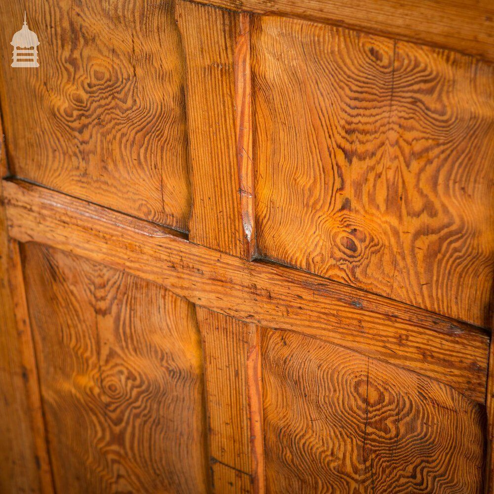 photo for sale Large 19th C Figured Pitch Pine Ecclesiastical Cupboard With Double Doors, Opening Top And Metal Castors