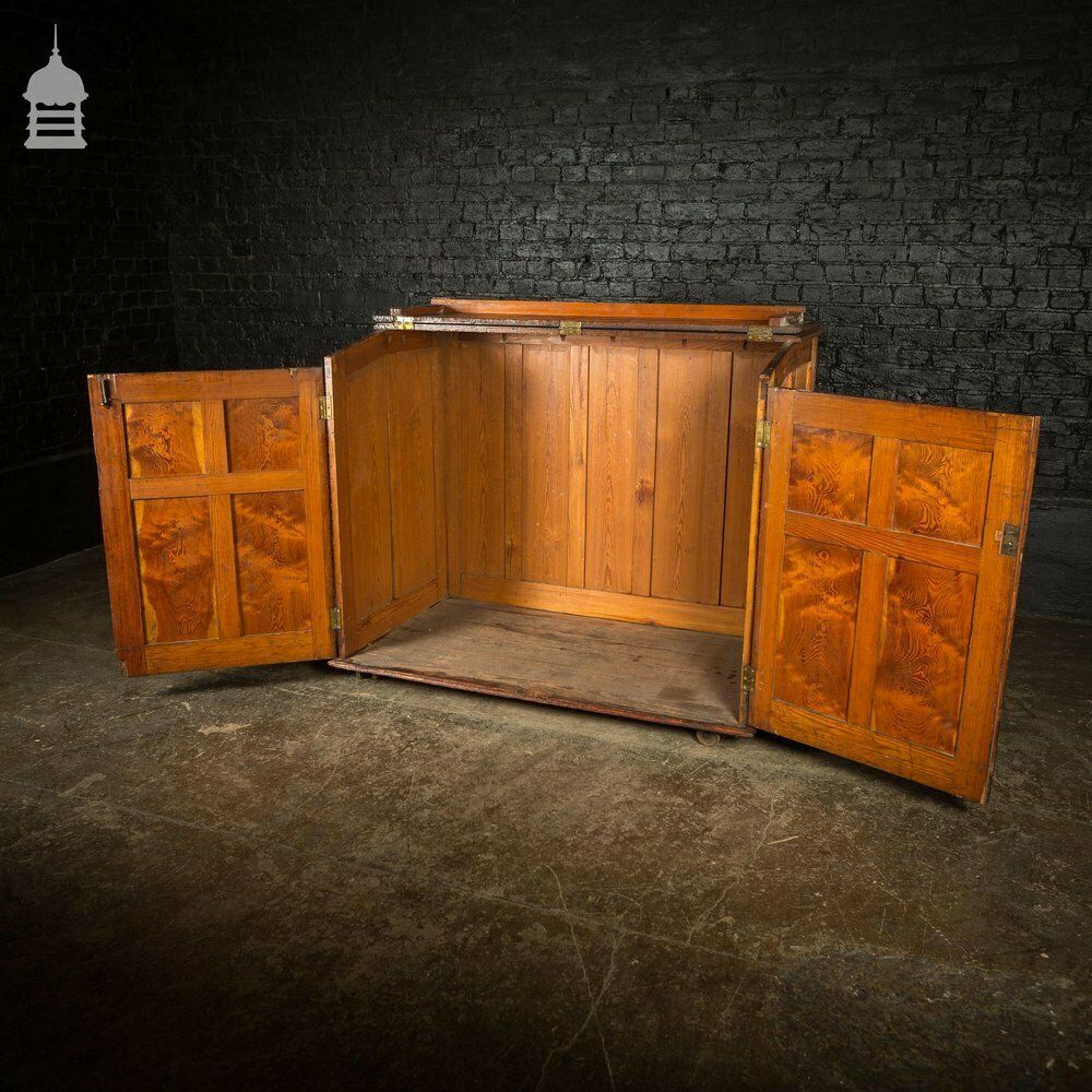 photo vinterior Large 19th C Figured Pitch Pine Ecclesiastical Cupboard With Double Doors, Opening Top And Metal Castors