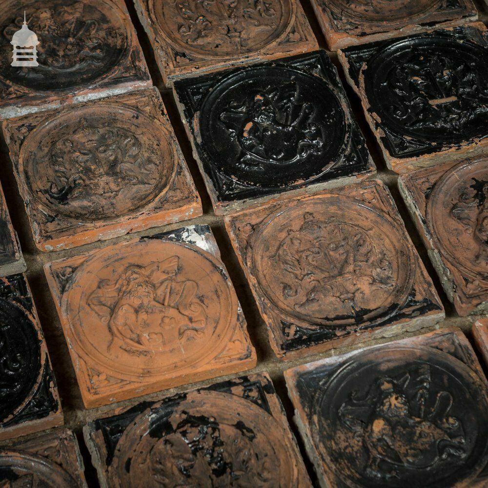 photo for sale Set Of 22 19th C Decorative 7 Inch Terracotta Tiles With Flakey Paint