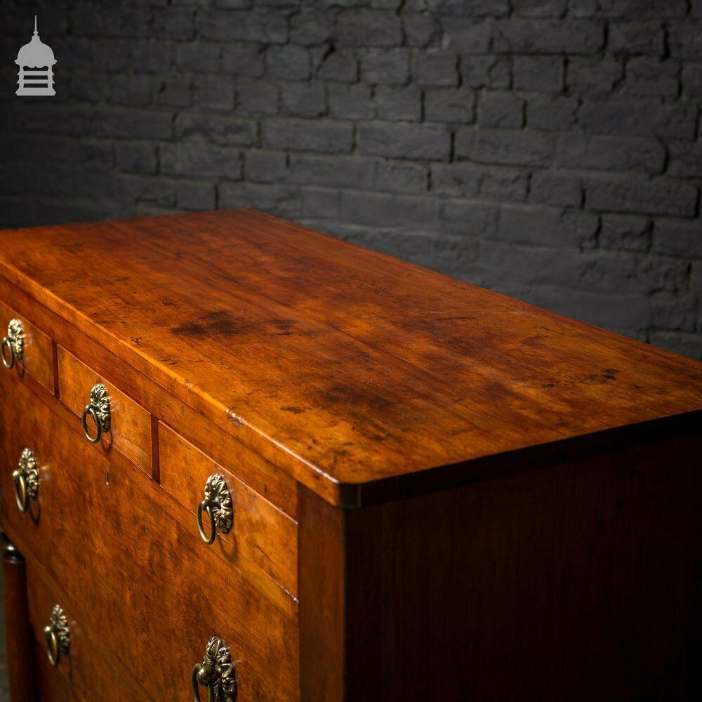 19th C Swedish Fruitwood Chest Of Drawers With Column Base And Brass Pulls photo for sale