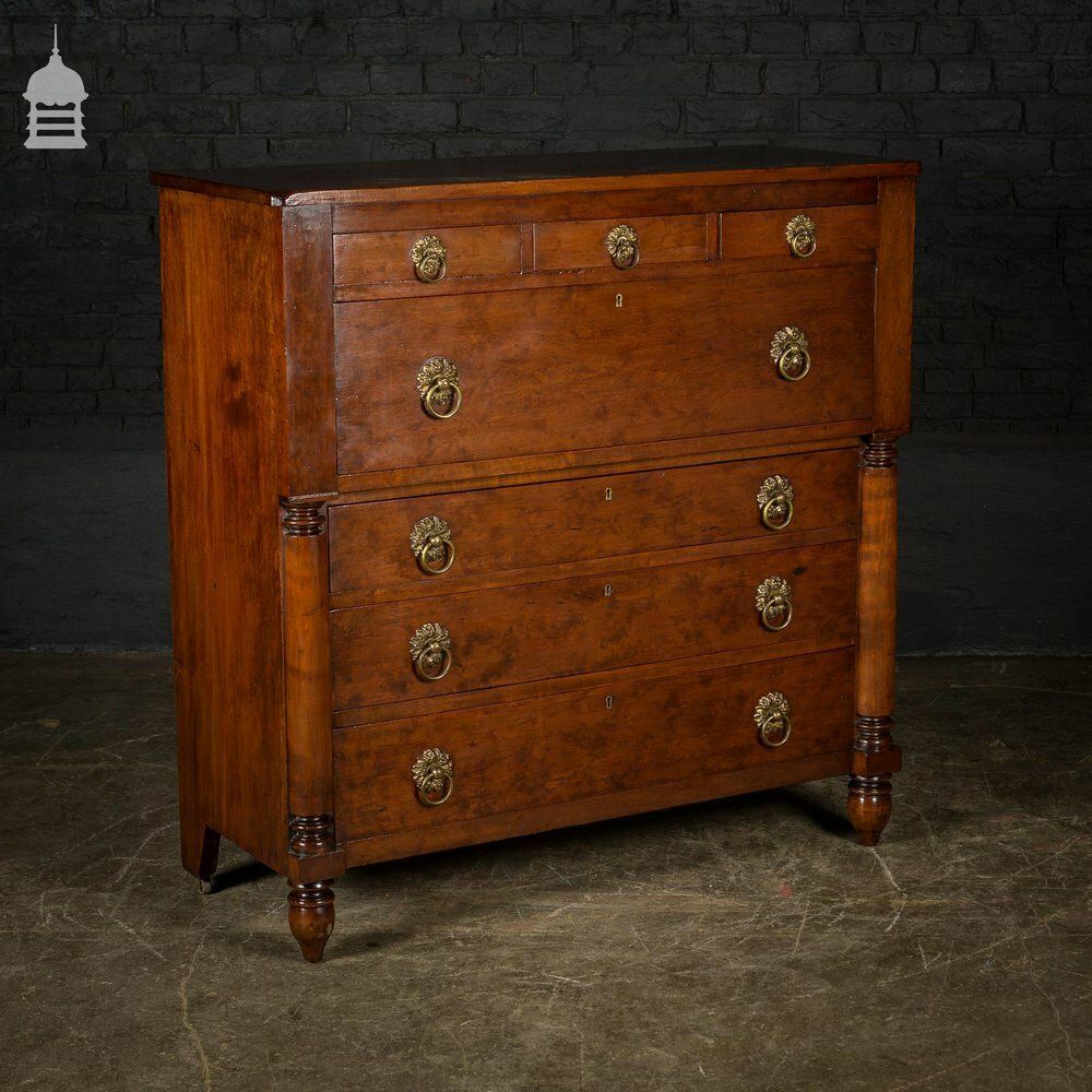 19th C Swedish Fruitwood Chest Of Drawers With Column Base And Brass Pulls photo vintage