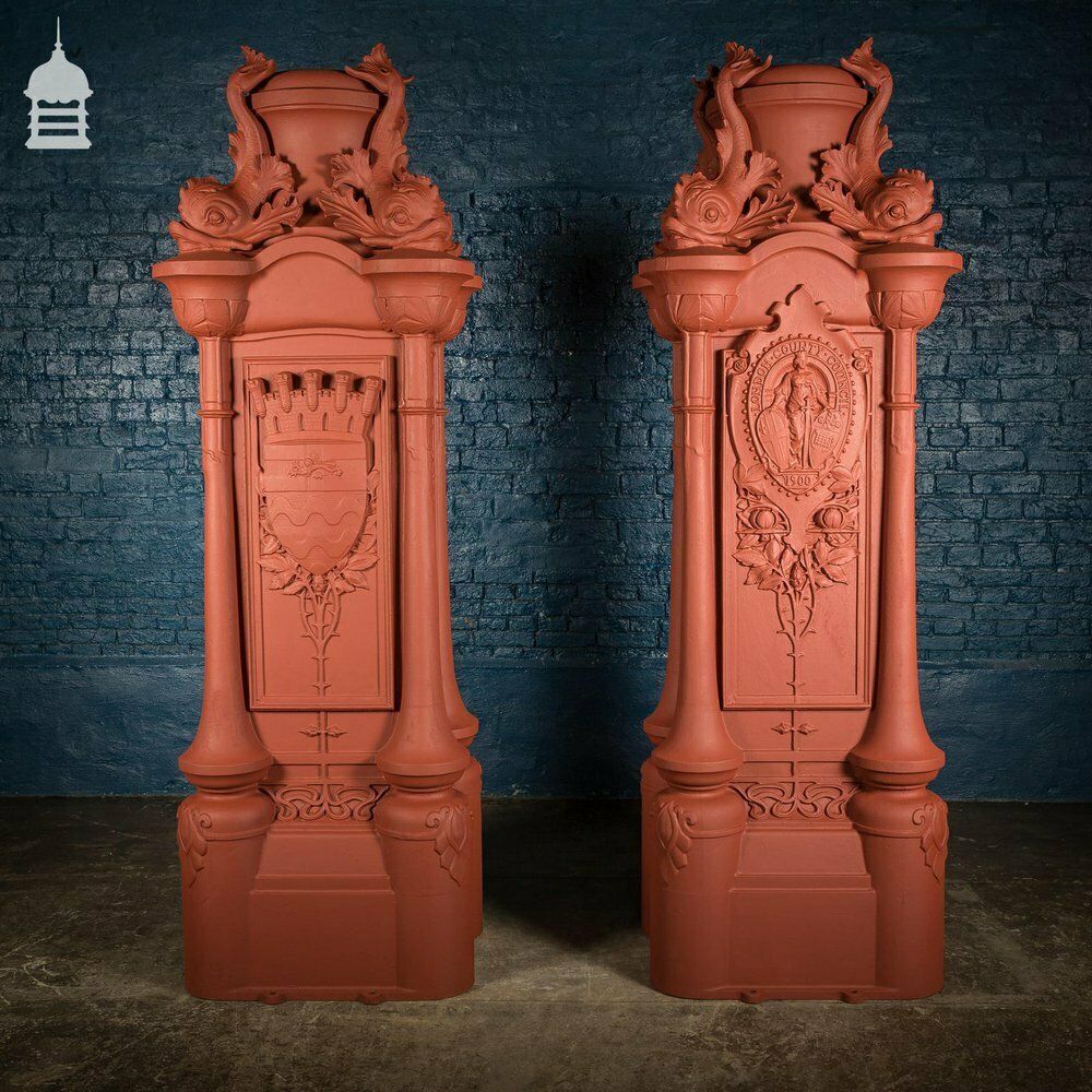 Pair Of Cast Iron London County Council Embankment Lamppost Bases Finished In Red Oxide Primer
