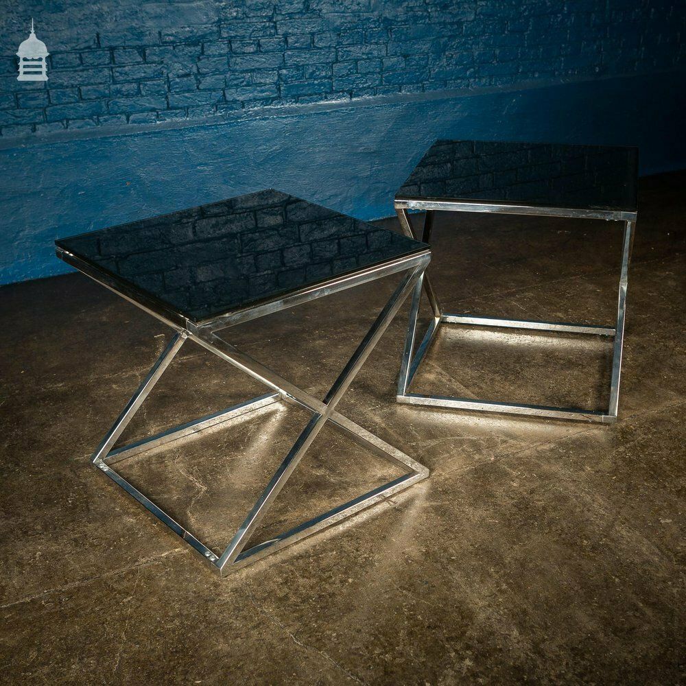 Pair Of Modern Glass Top Tables On Contemporary Chrome Bases photo vinterior