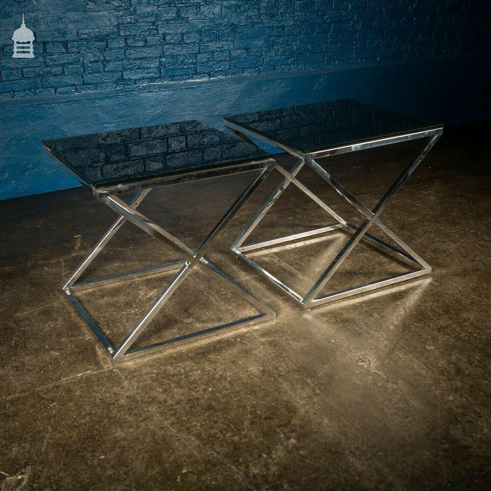 Pair Of Modern Glass Top Tables On Contemporary Chrome Bases photo buy