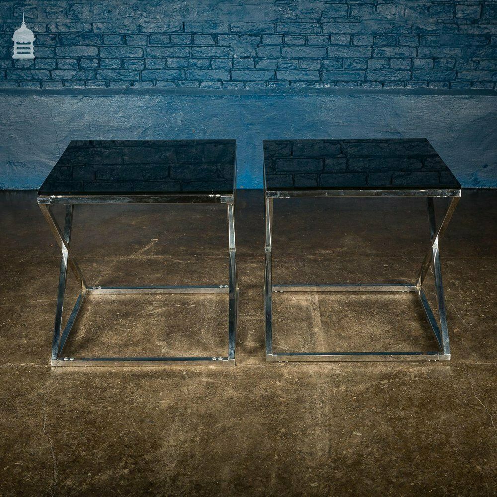 Furniture Pair Of Modern Glass Top Tables On Contemporary Chrome Bases photo
