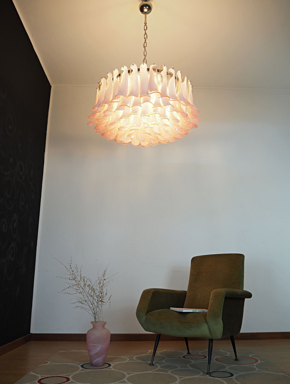 photo for sale Large Murano Glass Chandelier  101 Pink Lattimo Glass Petal