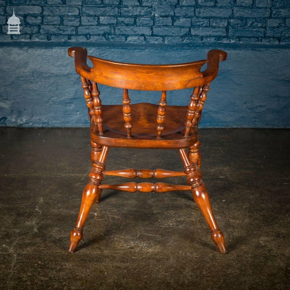 19th C Elm Captain’s Bow Seat Smokers Chair With Turned Arm Supports And Double H Stretcher photo furniture