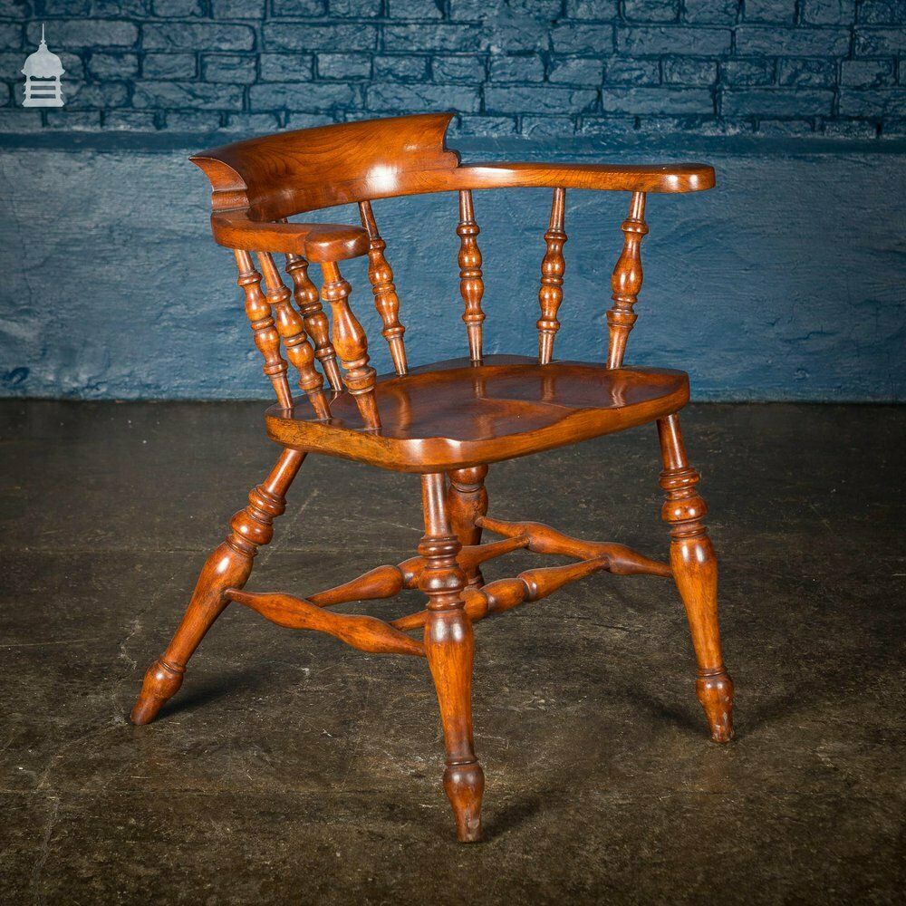 19th C Elm Captain’s Bow Seat Smokers Chair With Turned Arm Supports And Double H Stretcher photo Furniture