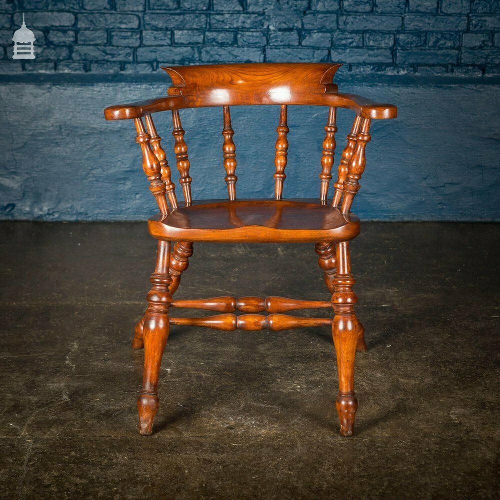 19th C Elm Captain’s Bow Seat Smokers Chair With Turned Arm Supports And Double H Stretcher photo 960.0