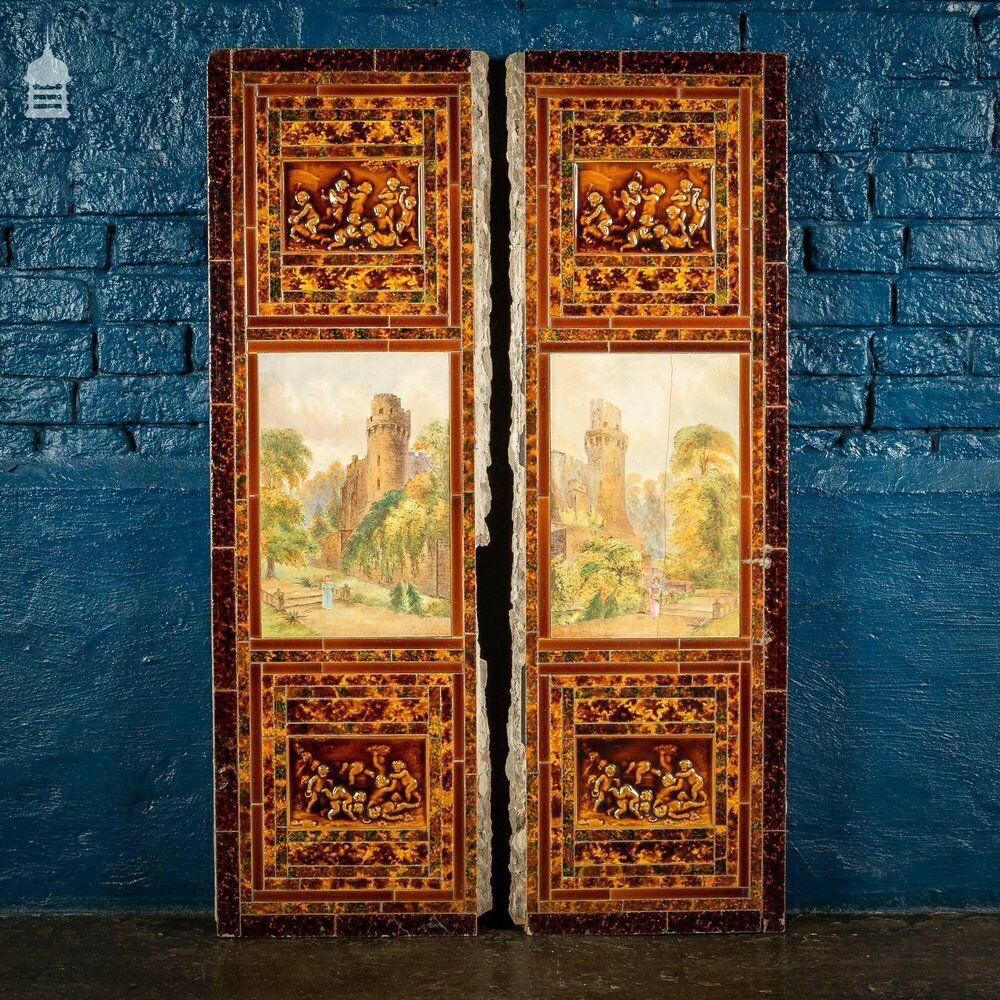 photo vintage Pair Of Late 19th C Ceramic Fireplace Tile Reliefs With Individual Details