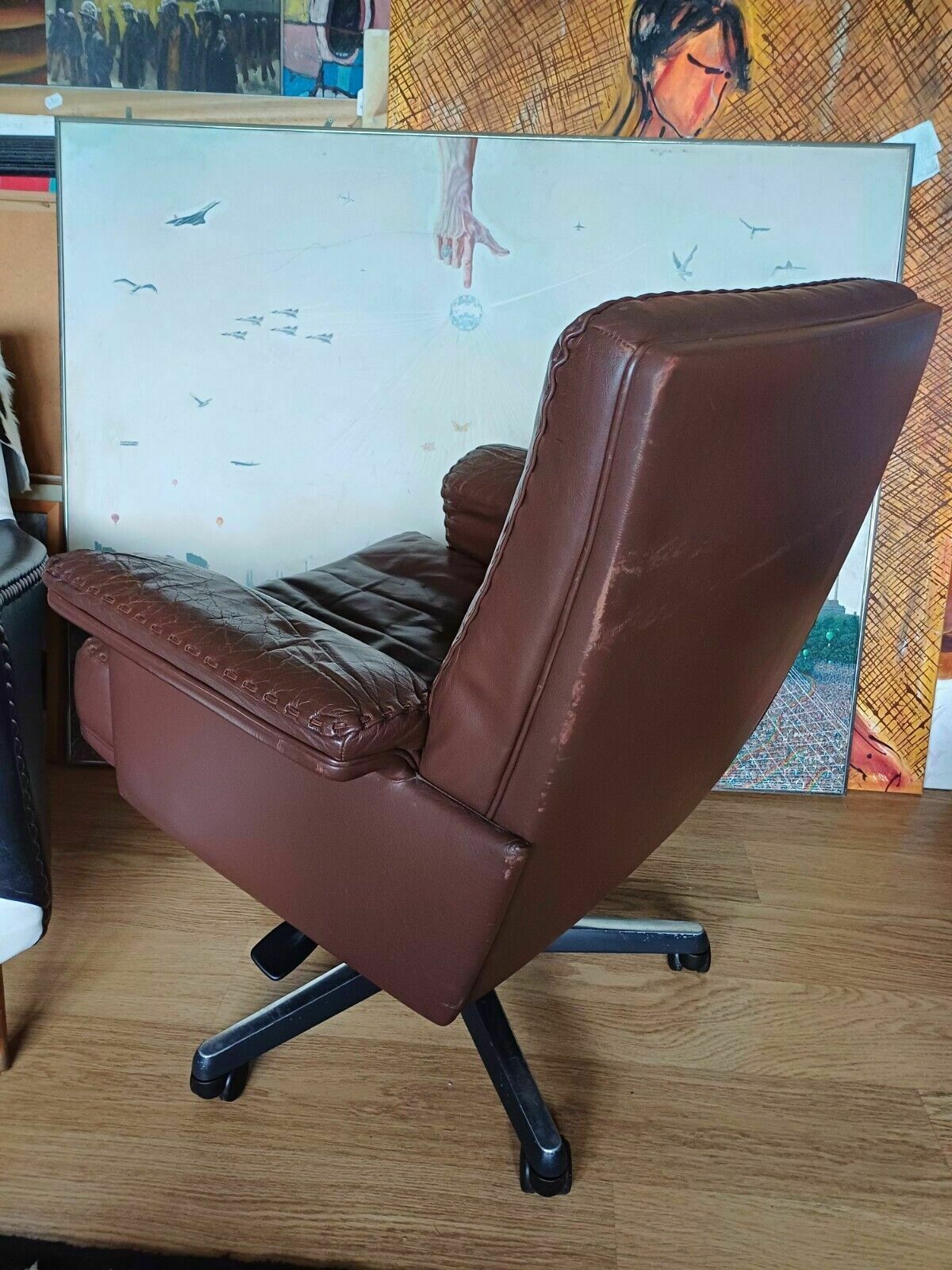 Mid Century Leather Desk Swivel Armchair By De Sede Swiss Vintage photo vintage