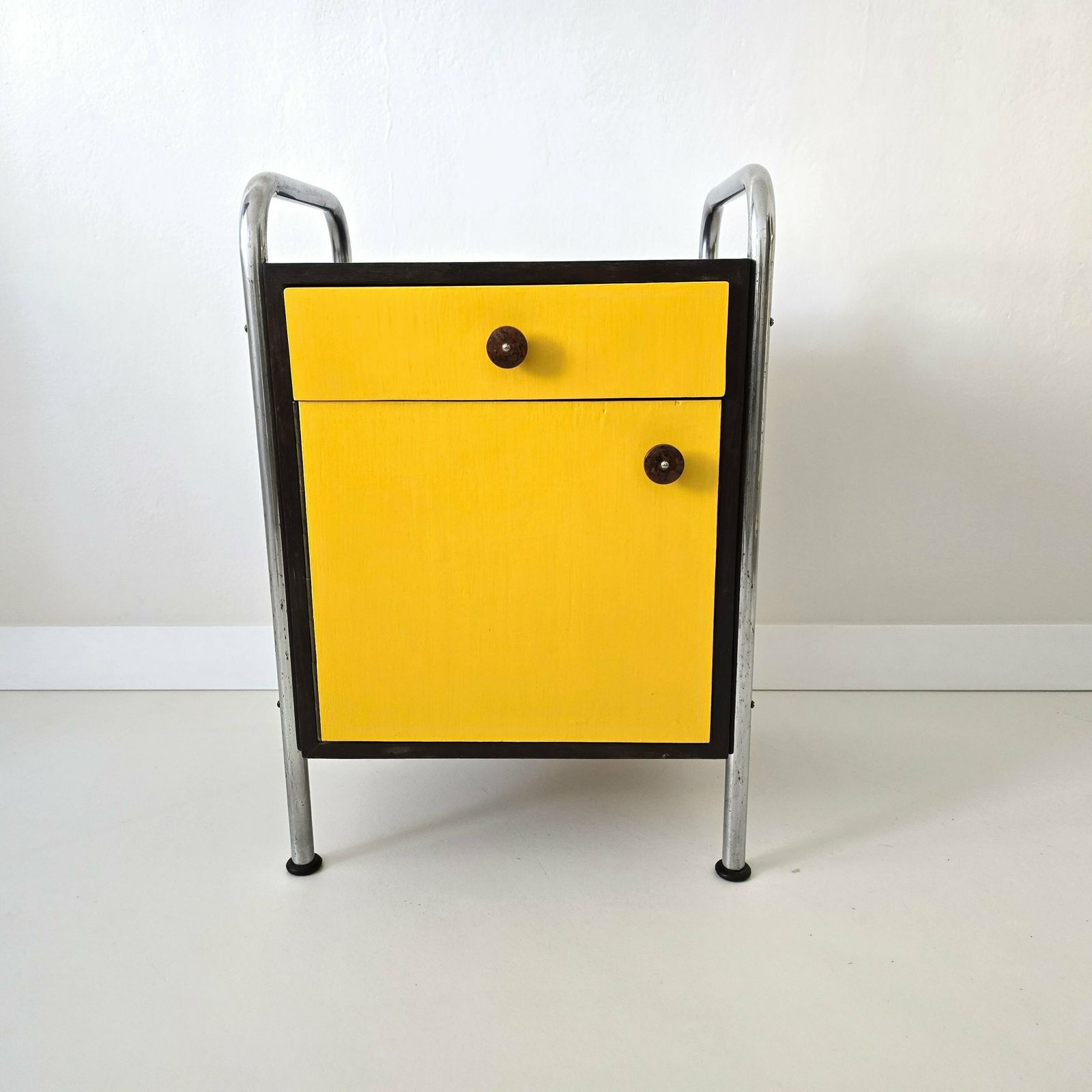 Vintage Bauhaus Night Cabinet With Black And Yellow Drawer After Renovation photo furniture