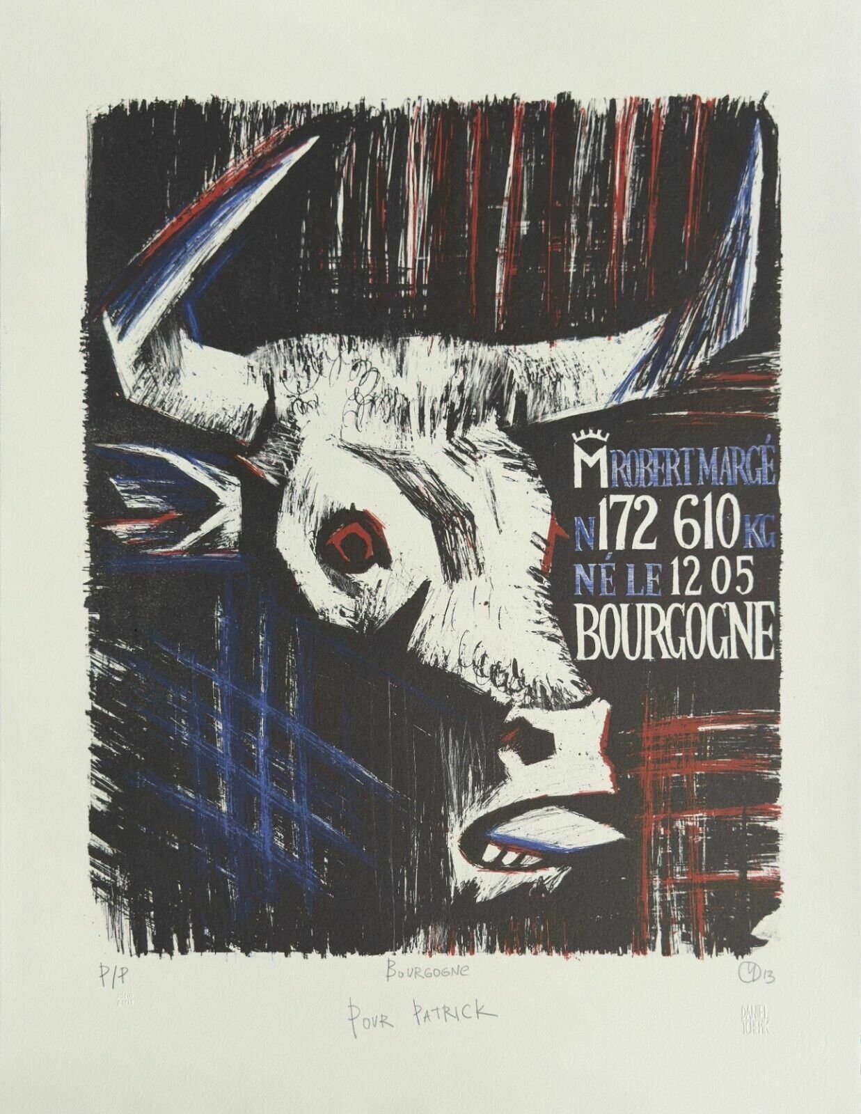 Daniel Tchepik   Lithograph Signed Taureau Robert Marge Manade Burgundy Toros
