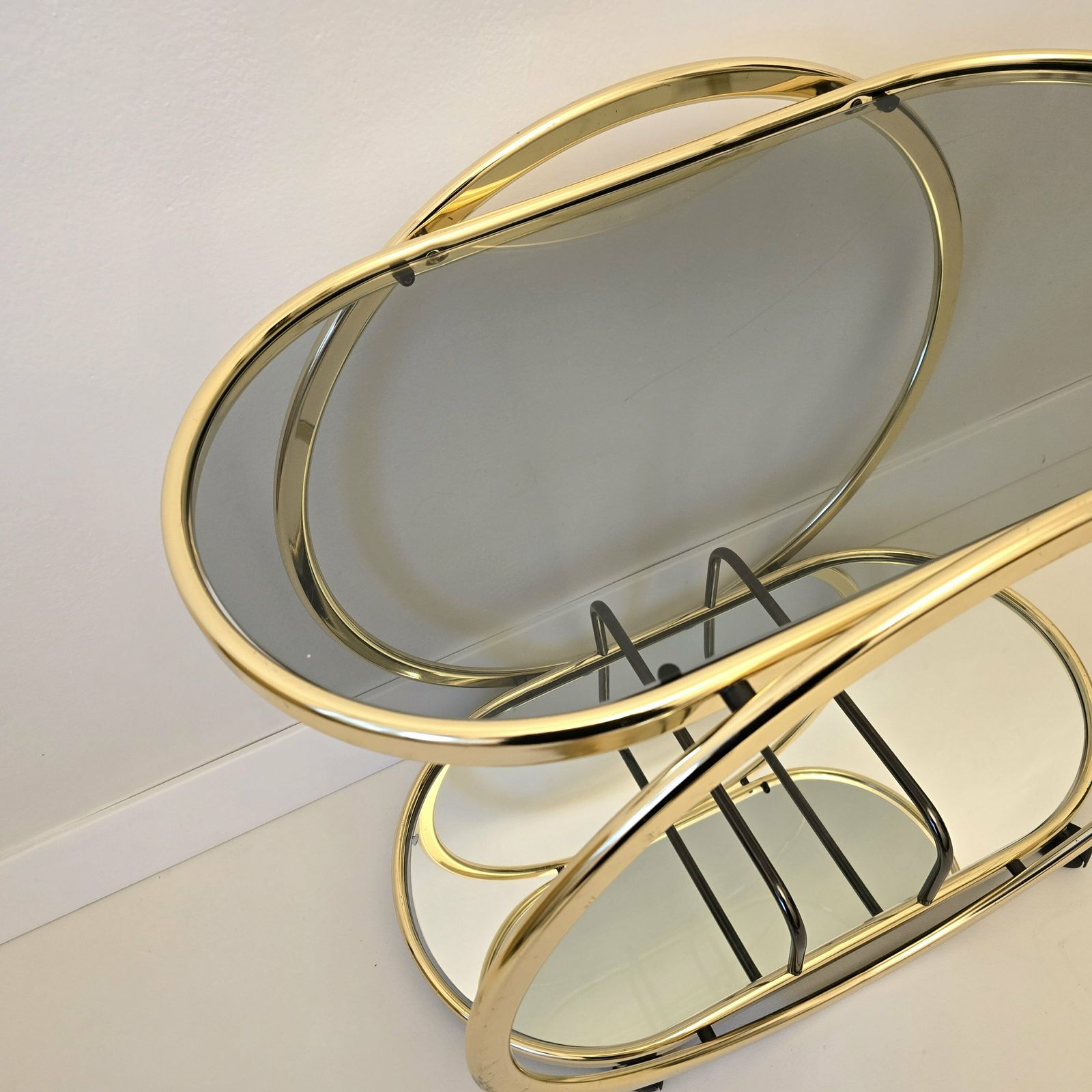 Vintage Hollywood Regency Grote Messing Trolley Barcart Met Rookglas En Spiegel photo 911.0