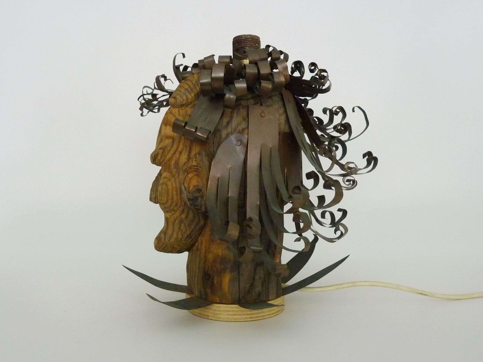 Unique Piece. Wooden Lamp And Metal Hair With Devil's Head "Self Portrait" photo vinterior