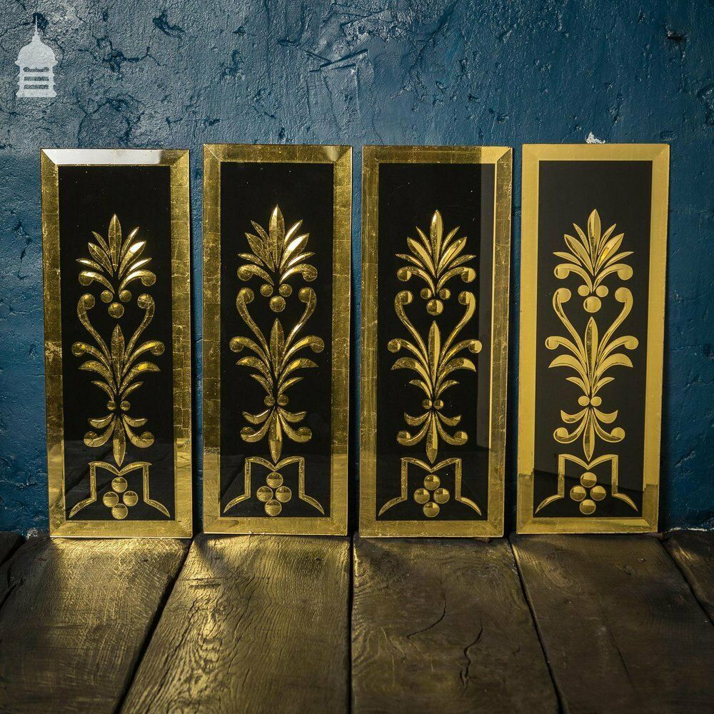 Set Of Four 19th C Gold And Black Mirrored Ornate Patterned Glass Panels photo 582.0