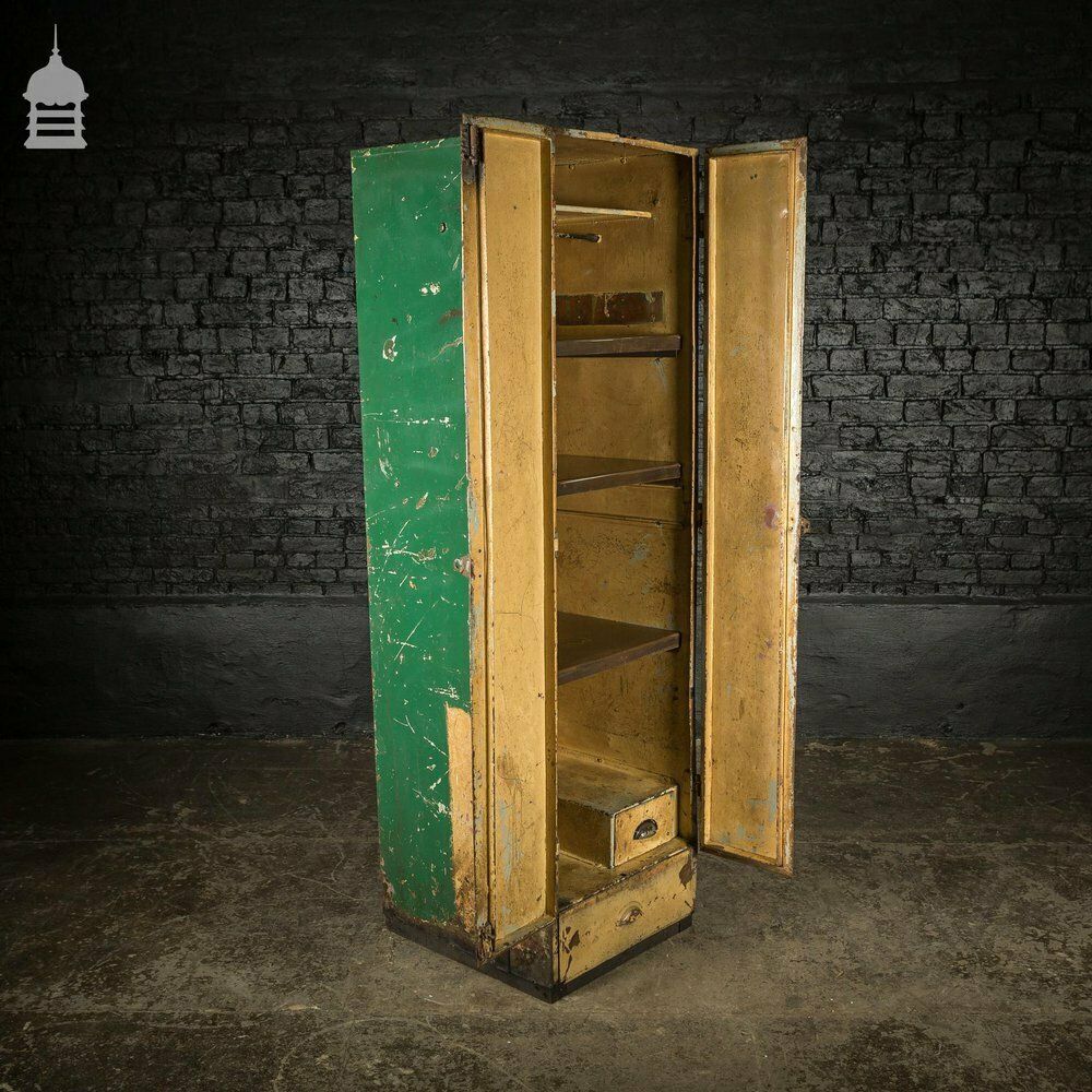 Vintage Metal Workshop Cabinet Cupboard With Shelves And Two Drawers photo buy