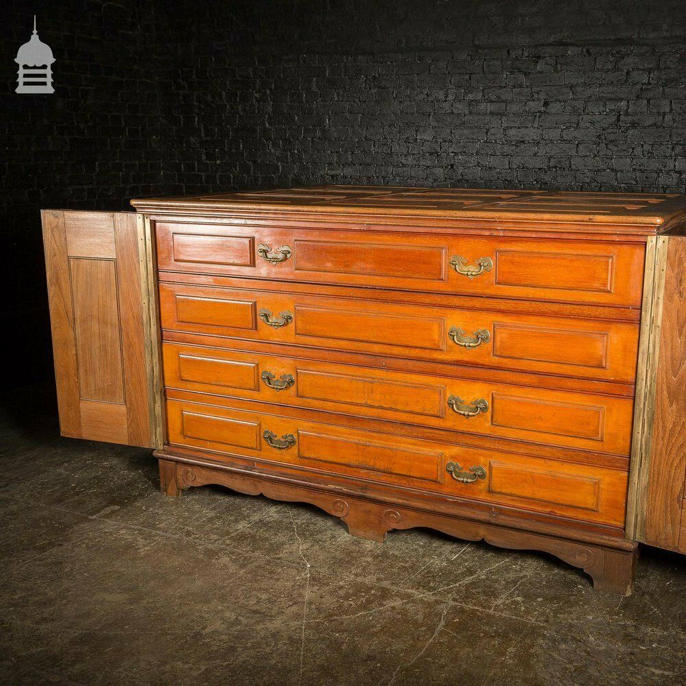 19th C Large Scale Teak Ecclesiastical Vestment Drawers Featuring Raised Moulded Panels On All Sides photo for sale