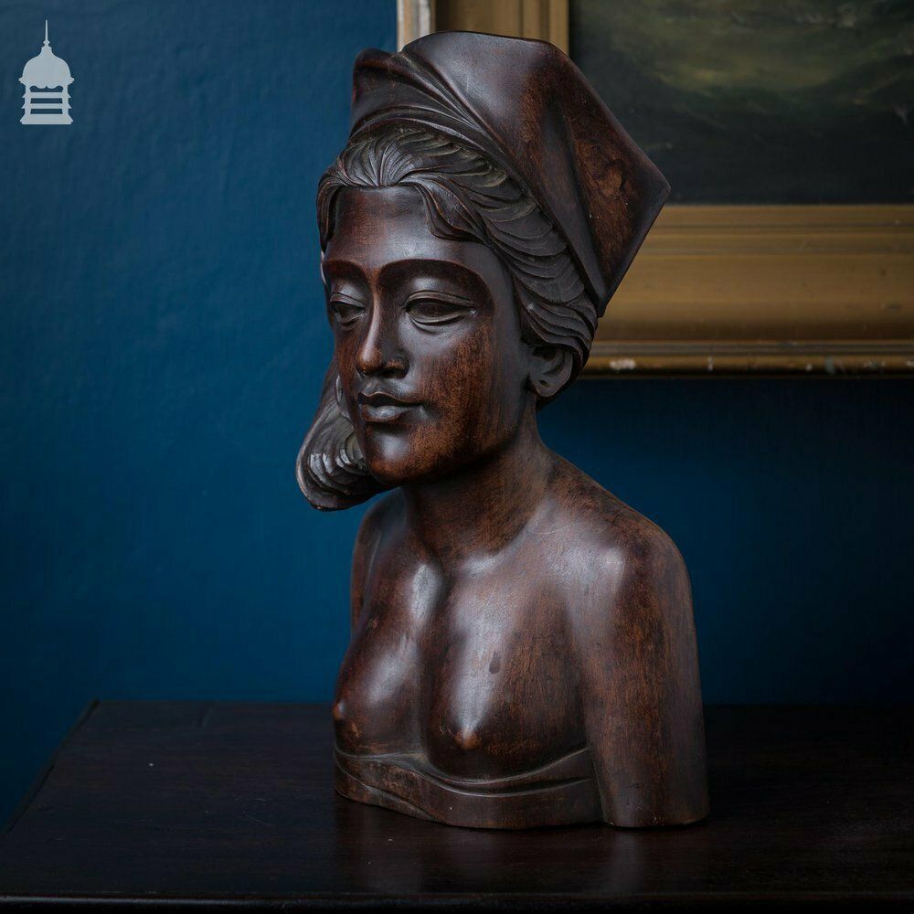 Beautifully Carved Antique Exotic Dark Wood Female Figure Bust photo for sale