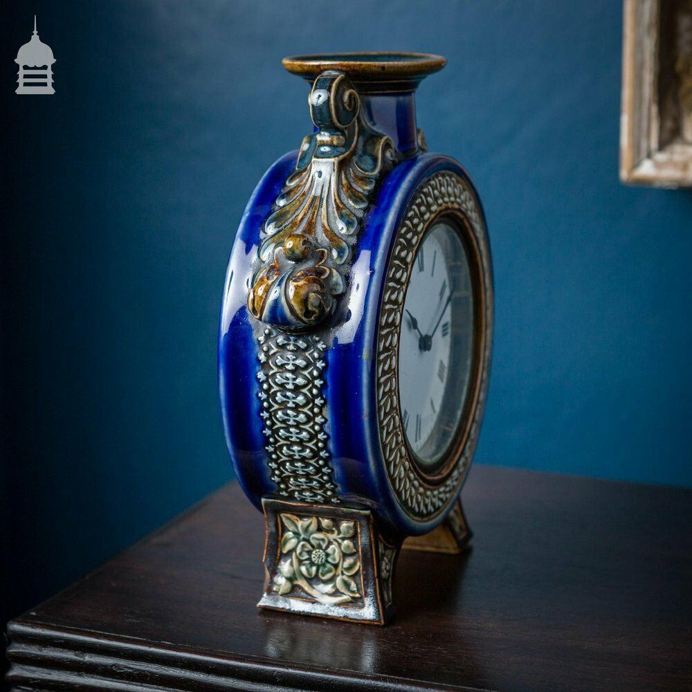 Rare 19th C Blue Glaze Doulton Lambeth Mantle Clock 1882 photo vinterior