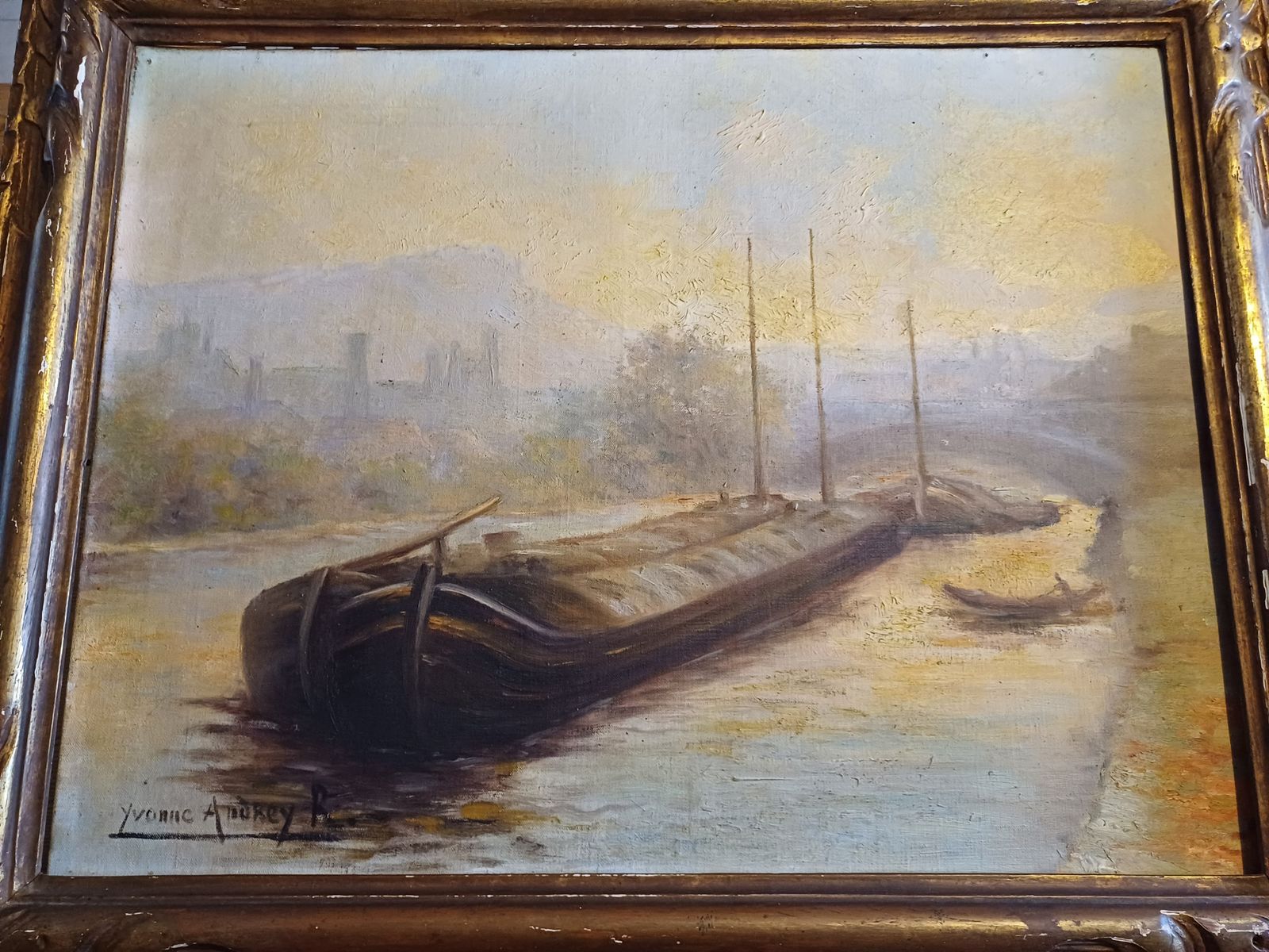 Oil On Canvas 19th Yvonac Annurey R "Barge" photo vinterior